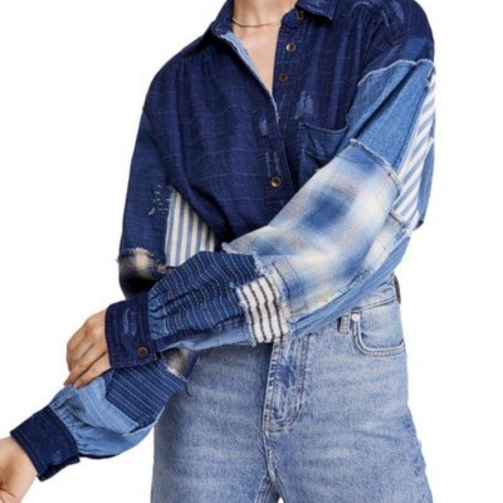 Size large Freepeople distressed patchwork denim shirt jacket